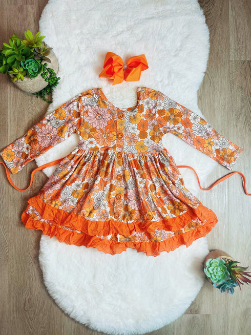 Bowtism Girls Fall Boho Floral Twirl Dress with Matching Bow - Bowtism