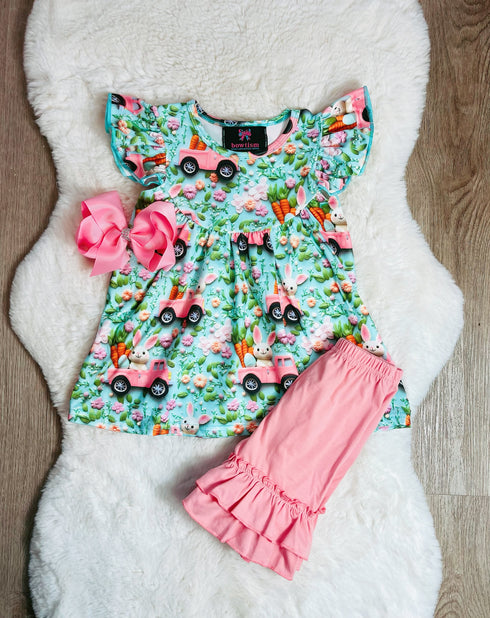 Girls Easter Bunny Ruffled Shorts Set with Matching Bow - Bowtism