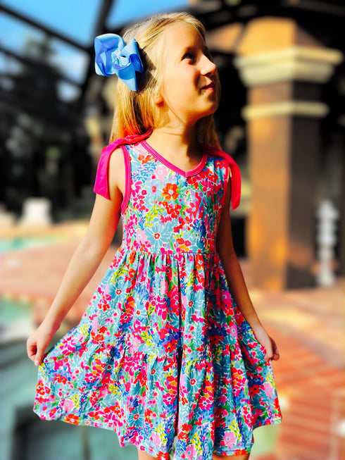 Girls Pink Flower Field Twirl Dress with Matching Bow - Bowtism