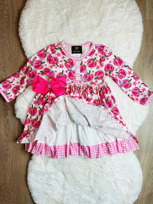 Bowtism Watercolor Pumpkin Layered Dress with Matching Bow - Bowtism