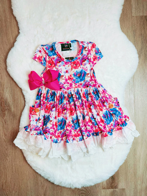 Bowtism Floral Sophia Ruffle Dress with Matching Bow - Bowtism