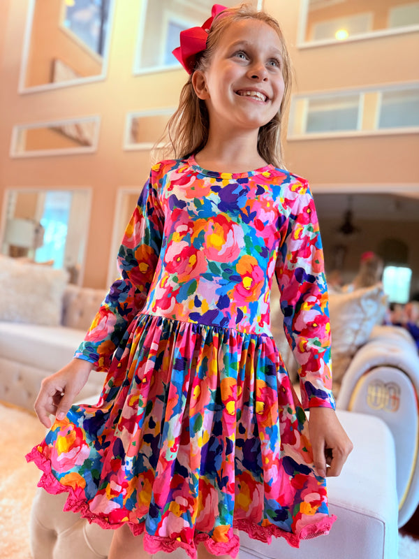 Girls Colorful Fall Dress with Matching Bow