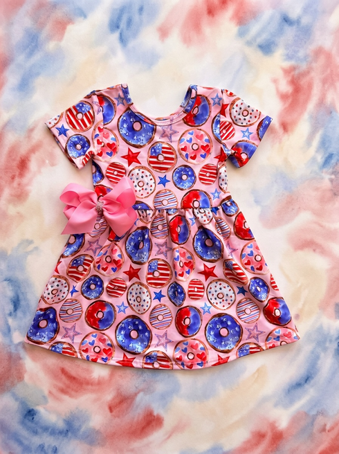 Girls Pink Donut July 4th Dress with Matching Bow