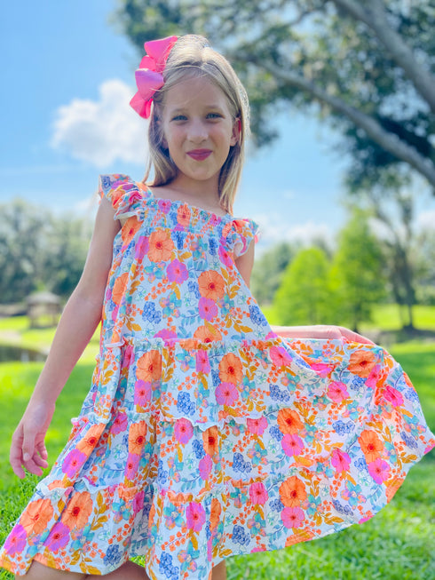 Girls Summer Flower Twirl Dress with Matching Bow - Bowtism
