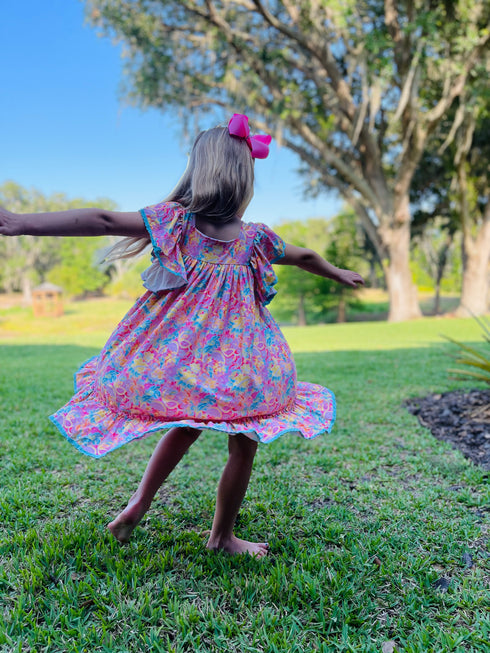 Bowtism Floral Julia Ruffle Dress with Matching Bow - Bowtism