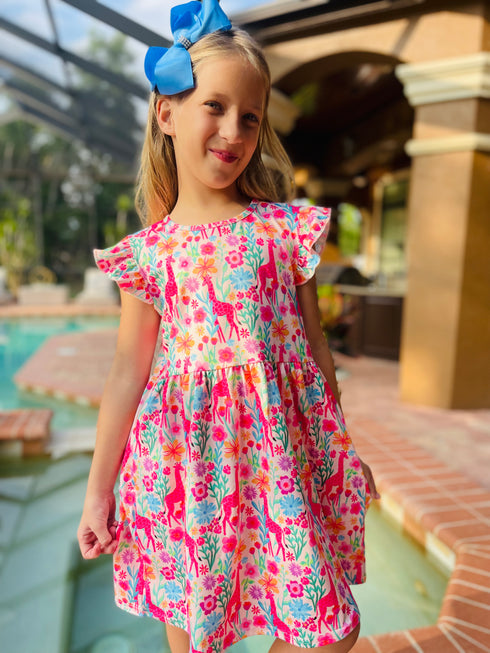 Girls Zoo Giraffe Dress with Matching Bow - Bowtism