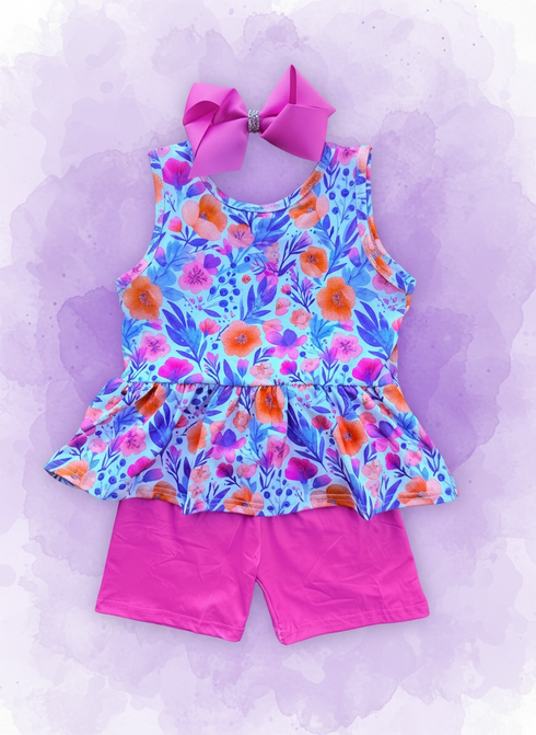 Girls Tropical Floral Shorts Set & Matching Bow