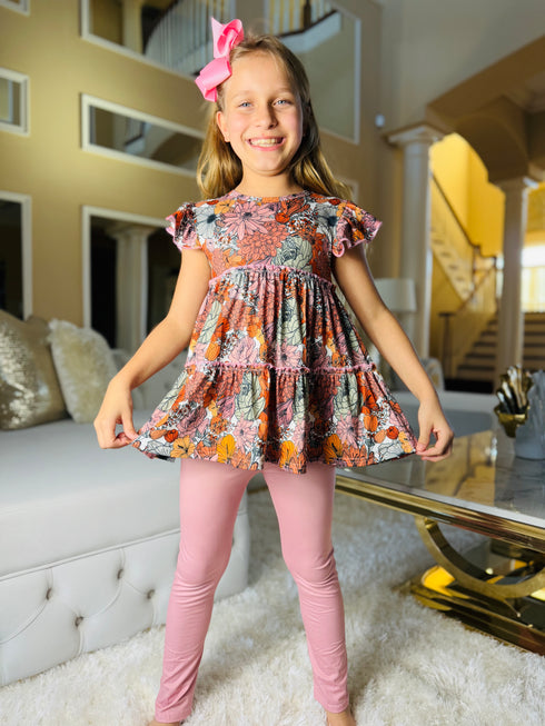 Girls Rustic Floral Everyday Pants Set with Matching Bow