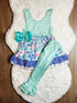 Bowtism Girls Whimsical Seashell Ruffled Pants Set with Matching Bow - Bowtism