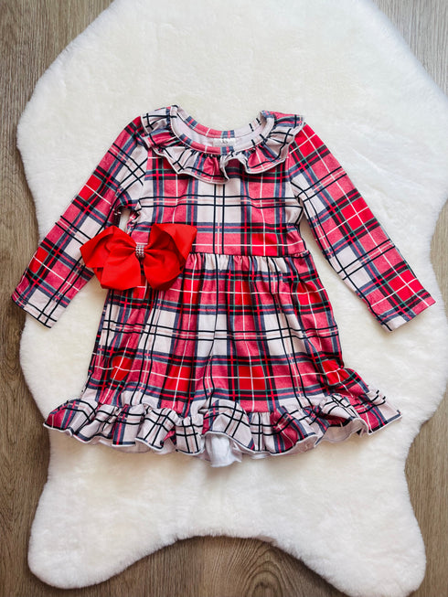 Bowtism Sweet Holiday Plaid Dress with Matching Bow - Bowtism