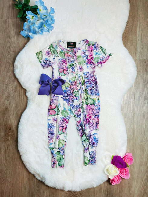 Bowtism Bamboo Baby Hydrangea Romper with Matching Bow - Bowtism