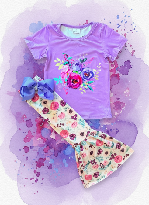 Girls Lilac Flare Pants Set with Matching Bow