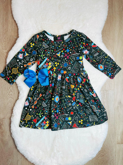 Bowtism Girls Science Twirl Dress with Matching Bow - Bowtism