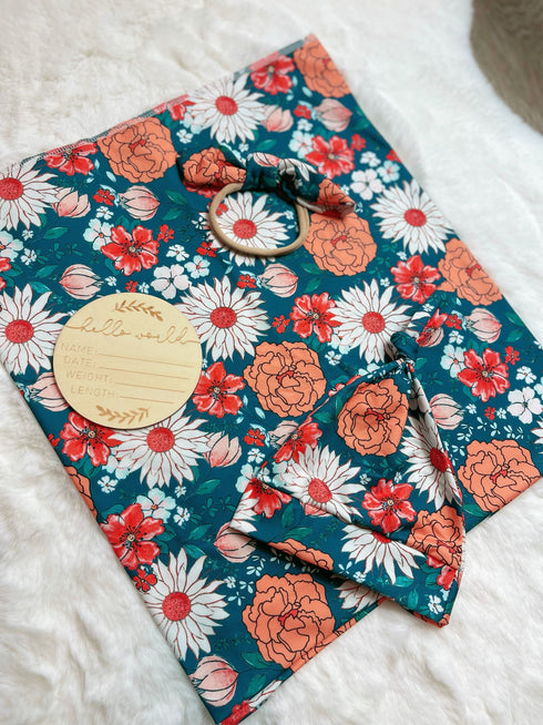 Bowtism Boho Katy Swaddle Set with Wooden Birth Plate, Hat & Headband - Bowtism