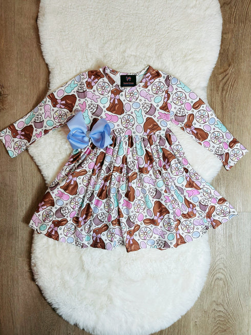 Girls Easter Choclate Bunny Twirl Dress with Matching Bow - Bowtism