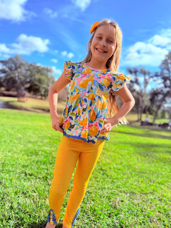 Girls Spring Lemon Lace Pants Set with Matching Bow