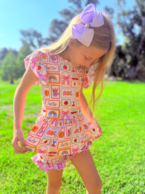 Girls Preppy School Print Shorts Set with Matching Bow