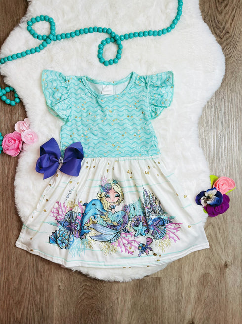Bowtism Mermaid Life Sea Dress with Matching Bow - Bowtism