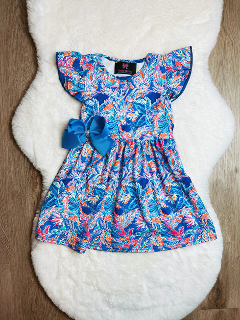 Bowtism Girls  Watercolor Paradise Jungle Twirl Dress with Matching Bow - Bowtism
