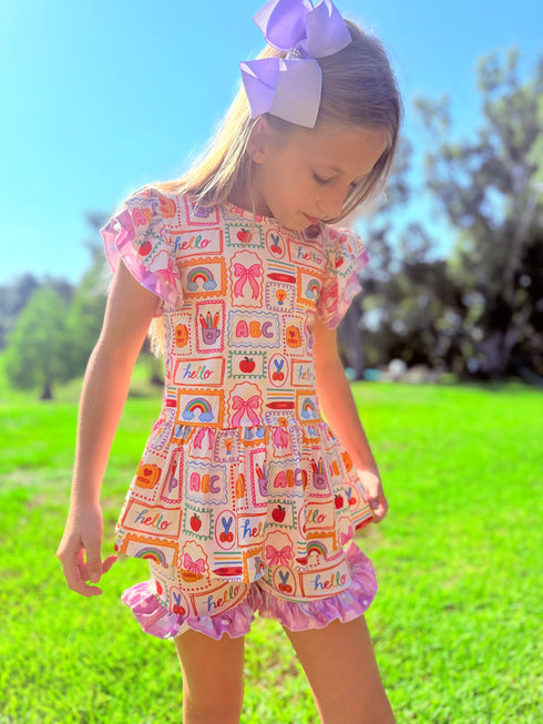 Girls Preppy School Print Shorts Set with Matching Bow