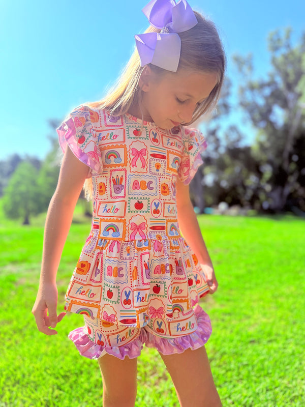 Girls Preppy School Print Shorts Set with Matching Bow