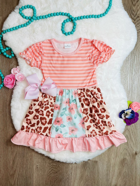 Bowtism Girls Pink Cheetah Floral Twirl Dress with Matching Bow - Bowtism