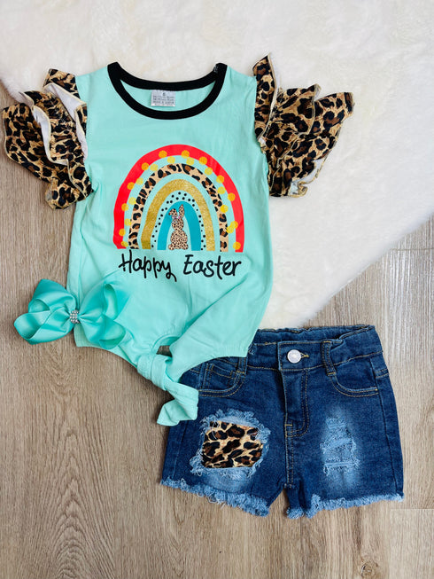Bowtism Happy Easter Denim Shorts Set with Matching Bow - Bowtism