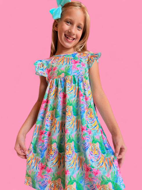 Girls Zoo Tiger Dress with Matching Bow - Bowtism
