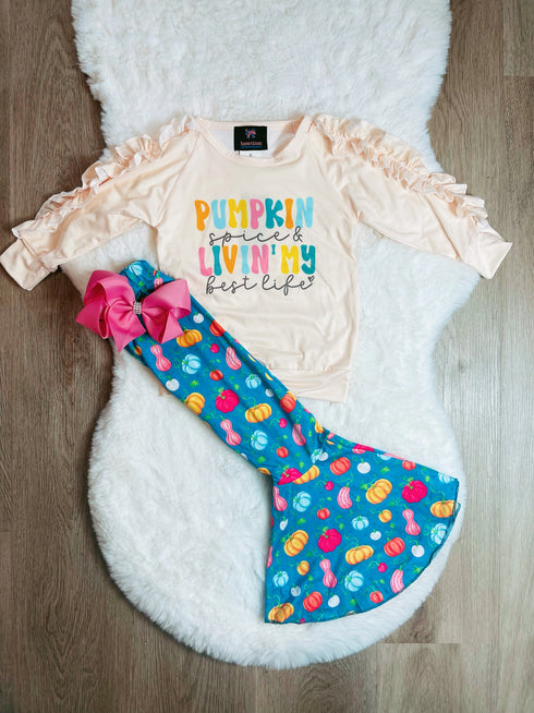 Bowtism Girls Pumpkin Spice Livin My Best Life Flare Pants Set with Matching Bow - Bowtism