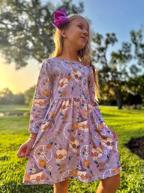 Girls Purple Skeleton Halloween Dress with Matching Bow - Bowtism