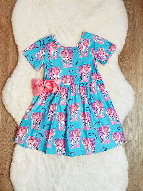 Girls Wild Tiger Dress with Matching Bow - Bowtism