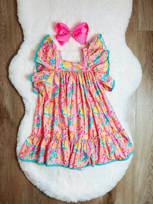 Bowtism Floral Julia Ruffle Dress with Matching Bow - Bowtism