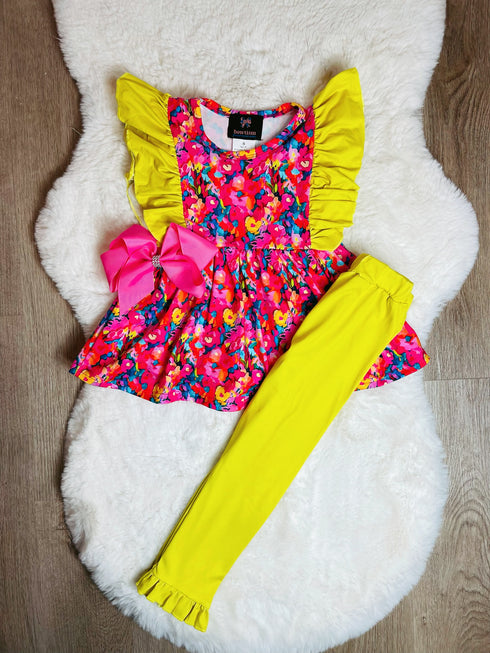 Mallory Spring Floral Pants Set with Matching Bow - Bowtism