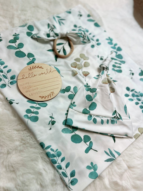 Bowtism Eucalyptus Swaddle Set with Wooden Birth Plate, Hat & Headband - Bowtism