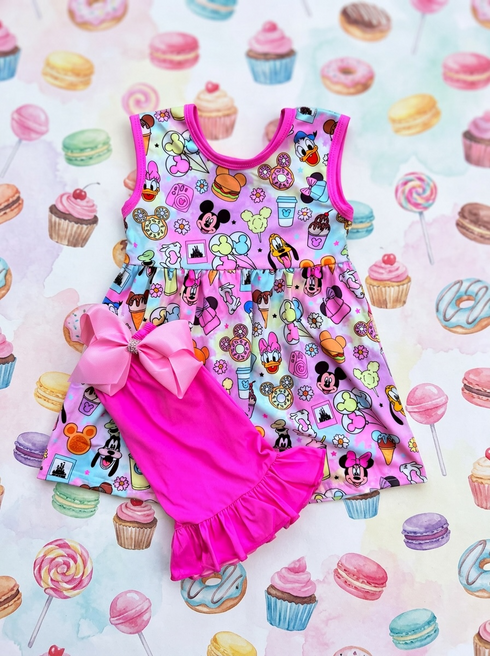 Girls Pink Theme Park Shorts Set with Matching Bow