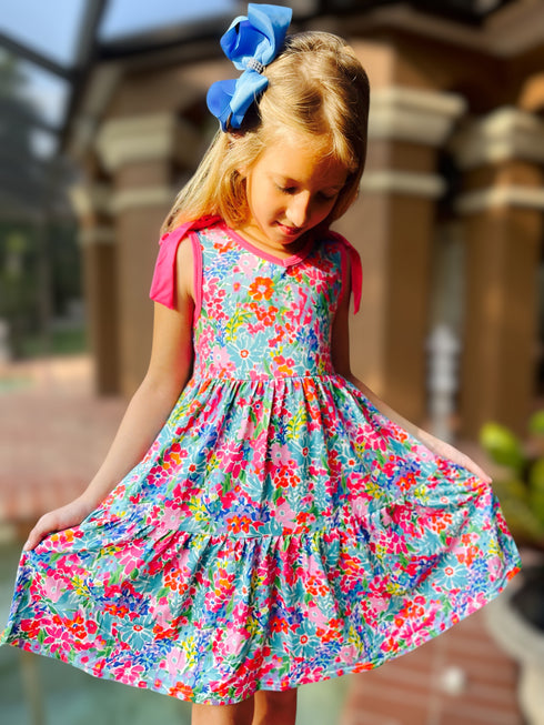 Girls Pink Flower Field Twirl Dress with Matching Bow - Bowtism