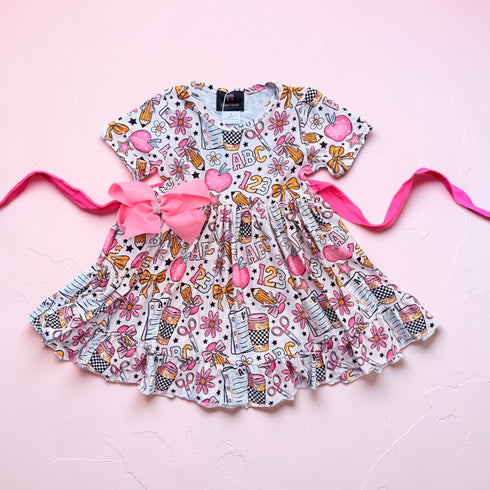Girls Pink Back to School Dress + Matching Bow