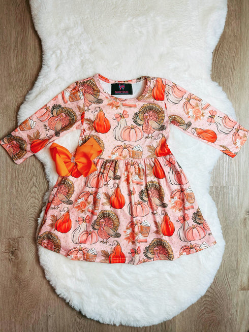 Bowtism Thanksgiving Turkey Twirl Dress with Matching Bow - Bowtism