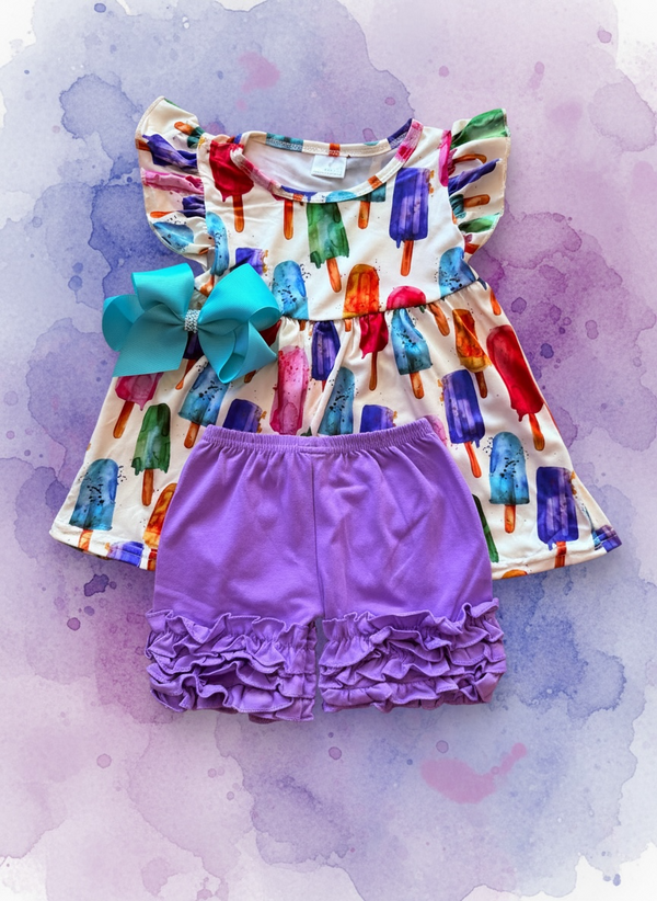 Girls Popsicle Outfit Set with Shorts + Matching Bow
