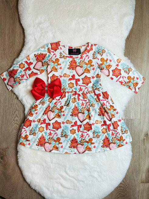 Bowtism Christmas Gingerbread Cookie Decorating Twirl Dress with Matching Bow - Bowtism