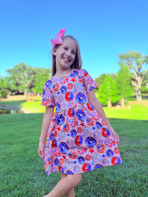 Girls Pink Donut July 4th Dress with Matching Bow