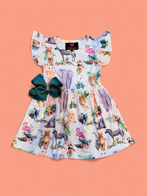 Girls Zoo Safari Dress with Matching Bow - Bowtism