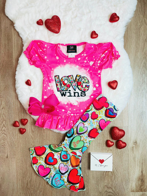 Bowtism Retro Conversation Heart Love Wins Flare Pants Set With Matching Bow - Bowtism