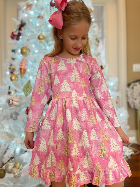 Bowtism Girls Pink Christmas Tree Twirl Dress with Matching Bow - Bowtism