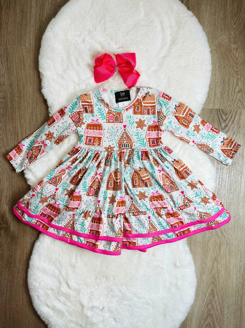 Bowtism Girls Holiday Gingerbread Tiered Dress with Matching Bow - Bowtism