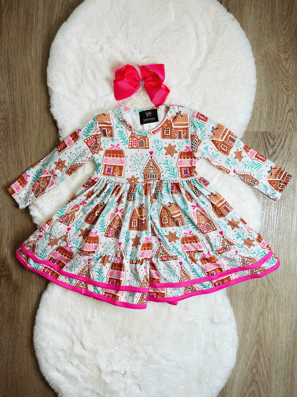 Bowtism Girls Holiday Gingerbread Tiered Dress with Matching Bow - Bowtism
