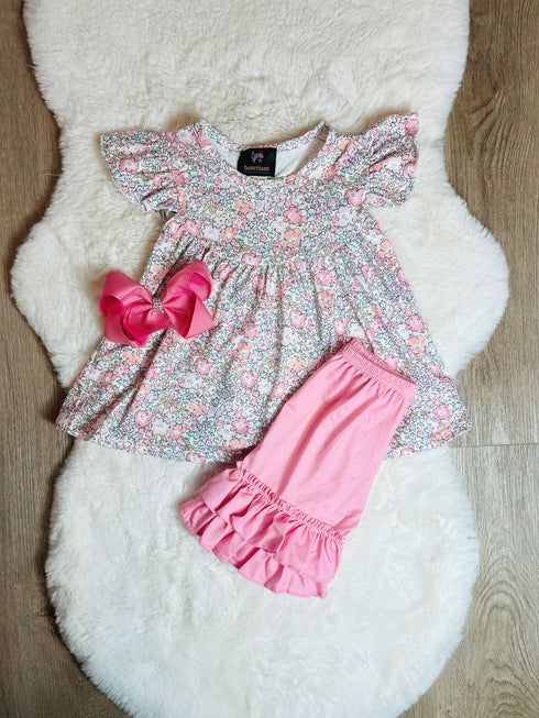 Girls Boho Floral Shorts Set with Matching Bow - Bowtism