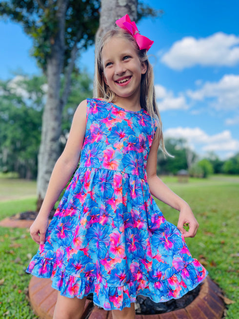Girls Bright Hawaiian Hibiscus Dress with Matching Bow - Bowtism