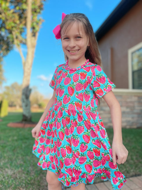Girls Strawberry Fields Dress with Matching Bow - Bowtism