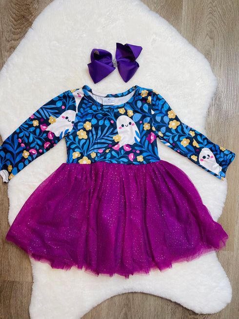 Bowtism Ghostly Floral Tutu Dress with Matching Bow - Bowtism